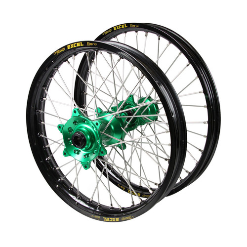 Kawasaki KX 450 F 2019-2026 (21*1.60 / 18*2.15) Haan Green Hubs / Excel Black Rims Wheel Set