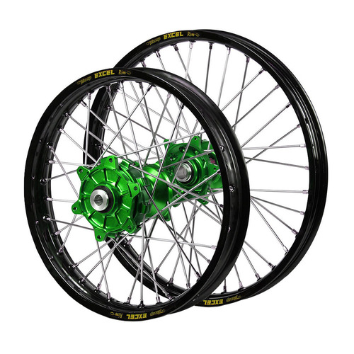 Kawasaki KX 450 F 2019-2026 (21*1.60 / 18*2.15) Haan Cush Drive Green Hubs / Excel Black Rims Wheel Set