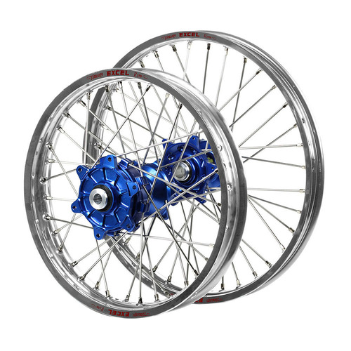 Kawasaki KX 450 F 2019-2026 (21*1.60 / 18*2.15) Haan Cush Drive Blue Hubs / Excel Silver Rims Wheel Set