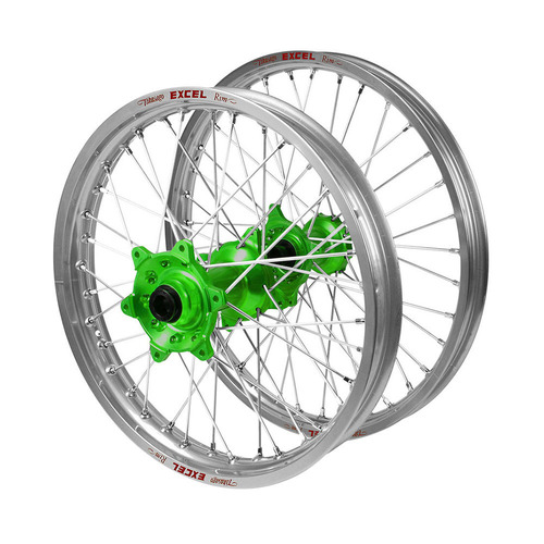 Kawasaki KX 450 F 2019-2026 (21*1.60 / 18*2.15) Haan Green Hubs / Excel Silver Rims Wheel Set