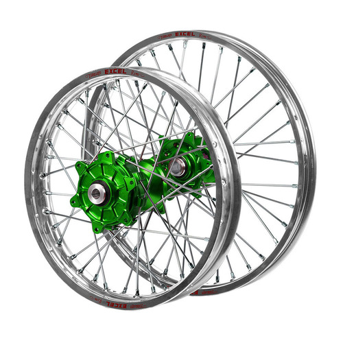 Kawasaki KX 450 F 2019-2026 (21*1.60 / 18*2.15) Haan Cush Drive Green Hubs / Excel Silver Rims Wheel Set
