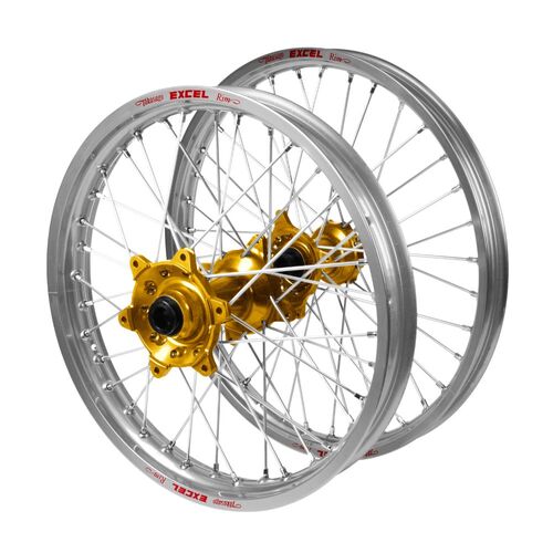 Kawasaki KX 450 F 2019-2026 (21*1.60 / 18*2.15) Haan Gold Hubs / Excel Silver Rims Wheel Set