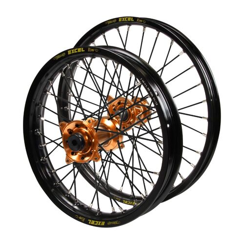 Gas Gas Haan Orange Hubs / Excel JNR Black Rims / Black Spokes Wheel Set MC 85 2021-2024 (17*1.40 / 14*1.60)