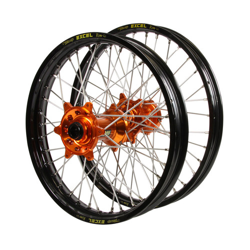 KTM 525 SX 2003-2006 (21*1.60 / 18*2.15) Haan Orange Hubs / Excel Black Rims Wheel Set