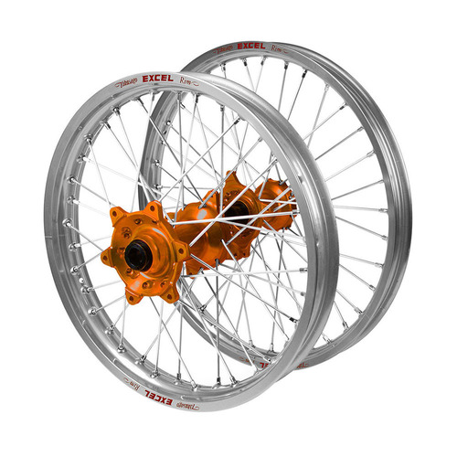 KTM 525 SX 2003-2006 (21*1.60 / 18*2.15) Haan Orange Hubs / Excel Silver Rims Wheel Set