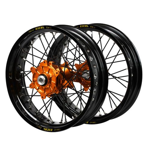 KTM Haan Cush Drive Orange Hubs / Excel Black Rims Supermoto / Black Spokes Wheel Set