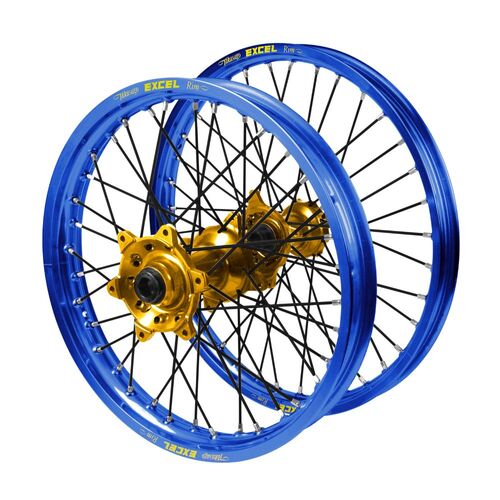 Husqvarna Haan Gold Hubs / Excel Blue Rims / Black Spokes Wheel Set FC 450 ROCKSTAR EDITION 2018-2021 (21*1.6 / 18*2.15)
