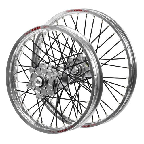 Gas Gas Haan Cush Drive Silver Hubs / Excel Silver Rims / Black Spokes Wheel Set