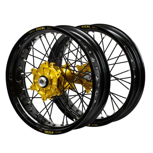 Husqvarna Haan Cush Drive Gold Hubs / Excel Black Rims Supermoto / Black Spokes Wheel Set FC 450 ROCKSTAR EDITION 2018-2021 (17*3.5 / 17*4.25)