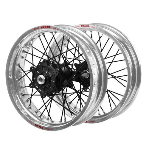 Gas Gas Haan Cush Drive Black Hubs / Excel Silver Rims Supermoto / Black Spokes Wheel Set