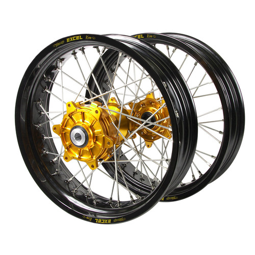 Husqvarna Haan Cush Drive Gold Hubs / Excel Black Rims Supermoto Wheel Set FC 450 ROCKSTAR EDITION 2018-2021 (17*3.5 / 17*4.25)