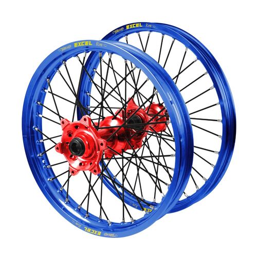 Gas Gas Haan Red Hubs / Excel Blue Rims / Black Spokes Wheel Set