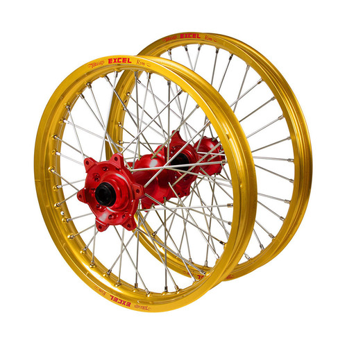 Gas Gas EX 250 F 2021-2023 (21*1.60 / 18*2.15 OE) Haan Red Hubs / Excel Gold Rims Wheel Set