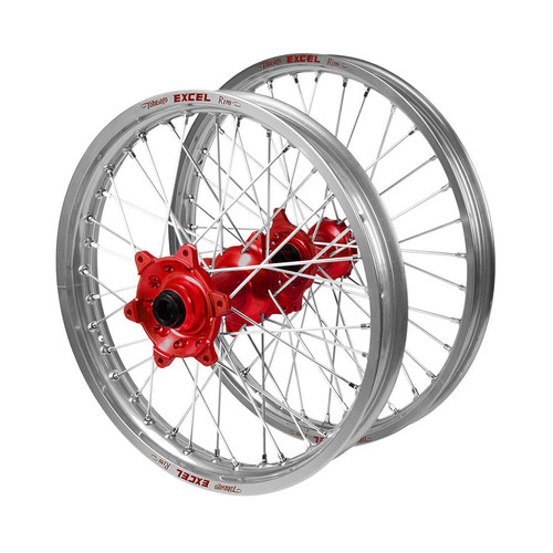 Gas Gas EX 250 F 2021-2023 (21*1.60 / 18*2.15 OE) Haan Red Hubs / Excel Silver Rims Wheel Set