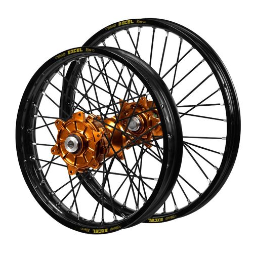 Husqvarna Haan Cush Drive Orange Hubs / Excel Black Rims / Black Spokes Wheel Set FC 450 ROCKSTAR EDITION 2018-2021 (21*1.6 / 18*2.15)