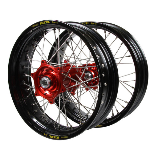 Gas Gas EX 250 F 2021-2023 (17*3.50 / 17*4.25) Haan Red Hubs / Excel Black Rims Supermotard Wheel Set
