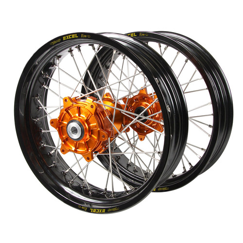 Husqvarna Haan Cush Drive Orange Hubs / Excel Black Rims Supermoto Wheel Set FC 450 ROCKSTAR EDITION 2018-2021 (17*3.5 / 17*4.25)