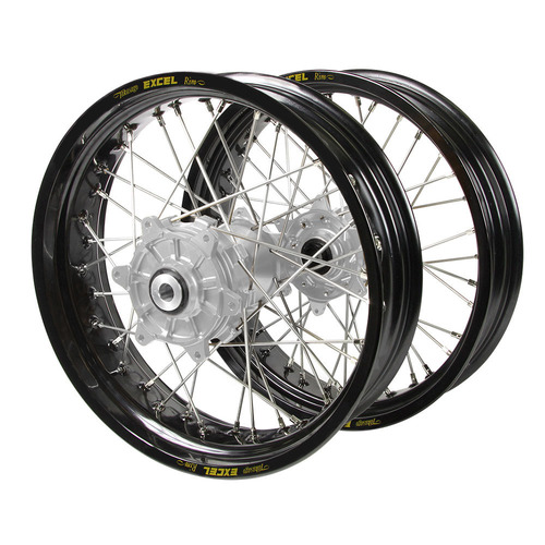Husqvarna Haan Cush Drive Silver Hubs / Excel Black Rims Supermoto Wheel Set FC 450 ROCKSTAR EDITION 2018-2021 (17*3.5 / 17*4.25)