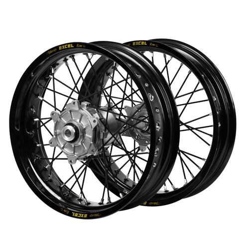 Husqvarna Haan Cush Drive Silver Hubs / Excel Black Rims Supermoto / Black Spokes Wheel Set FC 450 ROCKSTAR EDITION 2018-2021 (17*3.5 / 17*4.25)