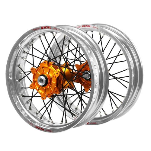 Husqvarna Haan Cush Drive Orange Hubs / Excel Silver Rims Supermoto / Black Spokes Wheel Set FC 450 ROCKSTAR EDITION 2018-2021 (17*3.5 / 17*4.25)