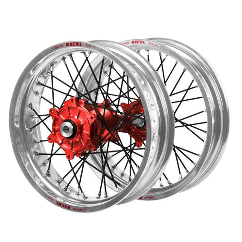 KTM Haan Cush Drive Red Hubs / Excel Silver Rims Supermoto / Black Spokes Wheel Set