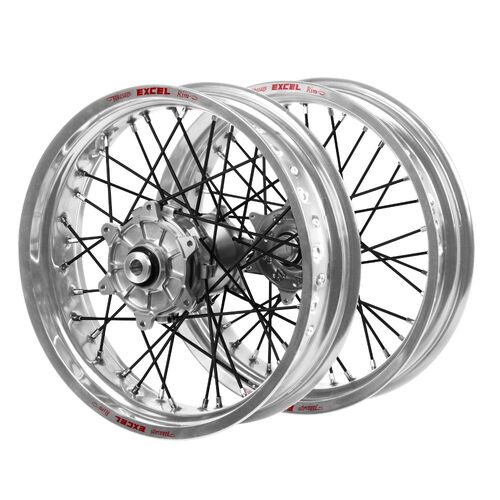 Husqvarna Haan Cush Drive Silver Hubs / Excel Silver Rims Supermoto / Black Spokes Wheel Set FC 450 ROCKSTAR EDITION 2018-2021 (17*3.5 / 17*4.25)