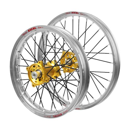 Suzuki Haan Gold Hubs / Excel JNR Silver Rims / Black Spokes Wheel Set