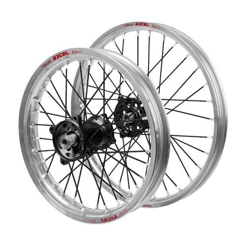 Suzuki Haan Black Hubs / Excel JNR Silver Rims / Black Spokes Wheel Set