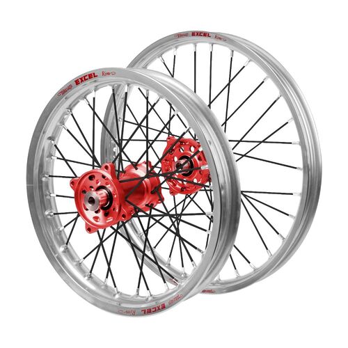 Suzuki Haan Red Hubs / Excel JNR Silver Rims / Black Spokes Wheel Set
