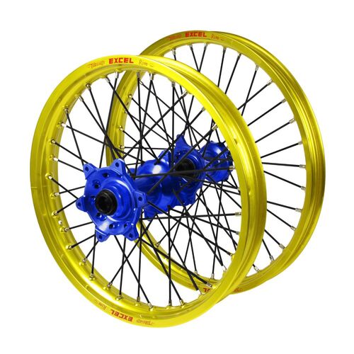 Suzuki Haan Blue Hubs / Excel Yellow Rims / Black Spokes Wheel Set RMX 450 2010-2019 (21*1.6 / 18*2.15 OE Cannot use OEM Speedo)