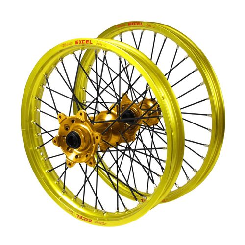 Suzuki Haan Gold Hubs / Excel Yellow Rims / Black Spokes Wheel Set RMX 450 2010-2019 (21*1.6 / 18*2.15 OE Cannot use OEM Speedo)