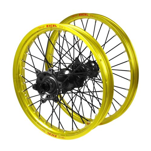 Suzuki Haan Black Hubs / Excel Yellow Rims / Black Spokes Wheel Set RMX 450 2010-2019 (21*1.6 / 18*2.15 OE Cannot use OEM Speedo)