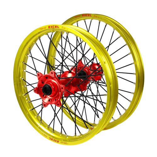 Suzuki Haan Red Hubs / Excel Yellow Rims / Black Spokes Wheel Set RM-Z 250 2007-2024 (21*1.6 / 18*2.15)