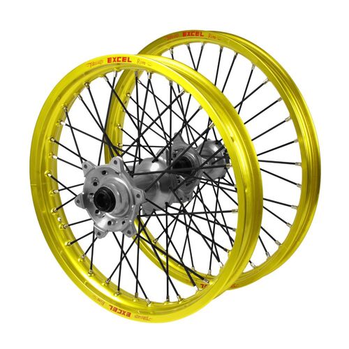 Suzuki Haan Silver Hubs / Excel Yellow Rims / Black Spokes Wheel Set RMX 450 2010-2019 (21*1.6 / 18*2.15 OE Cannot use OEM Speedo)