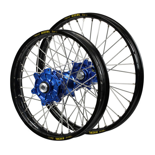 Yamaha Haan Cush Drive Blue Hubs / Excel Black Rims Wheel Set YZ 250 F 2014-2024 (21*1.6 / 18*2.15)