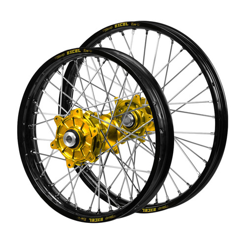 Yamaha Haan Cush Drive Gold Hubs / Excel Black Rims Wheel Set YZ 250 F 2014-2024 (21*1.6 / 18*2.15)