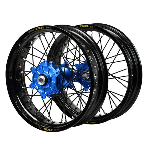 Fantic Haan Cush Drive Blue Hubs / Excel Black Rims Supermoto / Black Spokes Wheel Set