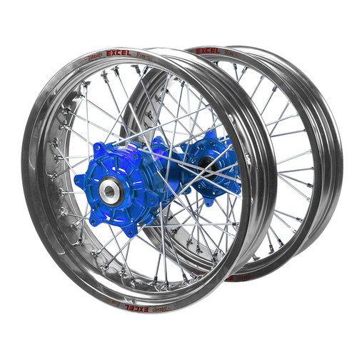 Fantic Haan Cush Drive Blue Hubs / Excel Silver Rims Supermoto Wheel Set XE 125 2021-2024 (17*3.5 / 17*4.25)