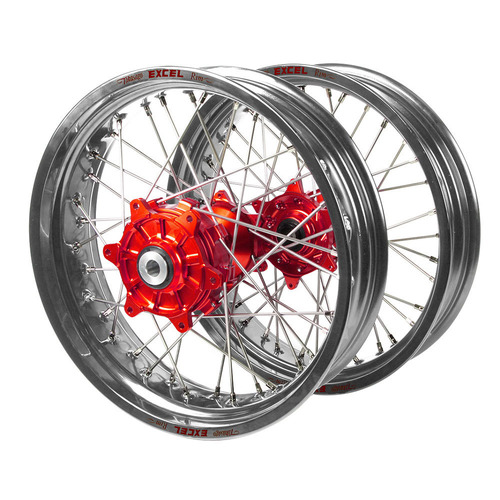 Fantic Haan Cush Drive Red Hubs / Excel Silver Rims Supermoto Wheel Set