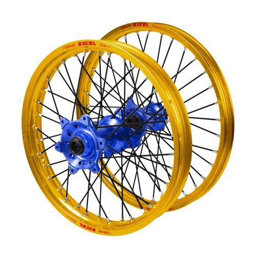 Gas Gas EX 350 F 2021-2023 (21*1.60 / 18*2.15 OE) Haan Blue Hubs / Excel Gold Rims / Black Spokes Wheel Set