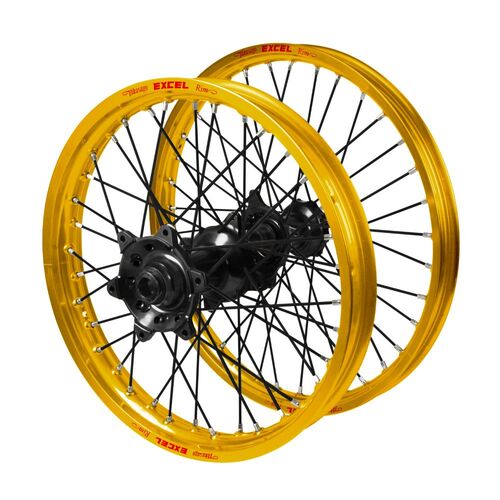 Gas Gas EX 350 F 2021-2023 (21*1.60 / 18*2.15 OE) Haan Black Hubs / Excel Gold Rims / Black Spokes Wheel Set