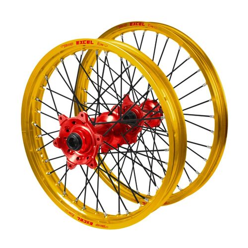 Gas Gas EX 250 F 2021-2023 (21*1.60 / 18*2.15 OE) Haan Red Hubs / Excel Gold Rims / Black Spokes Wheel Set