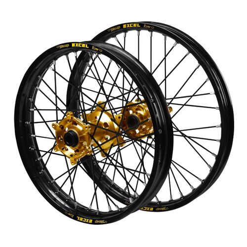 Gas Gas EX 250 F 2021-2023 (21*1.60 / 18*2.15 OE) Haan Gold Hubs / Excel Black Rims / Black Spokes Wheel Set