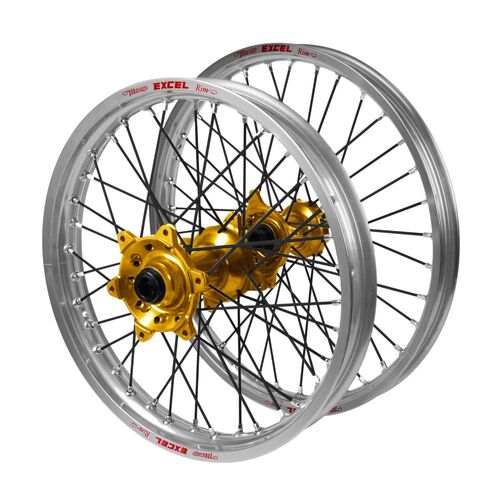Gas Gas EX 250 F 2021-2023 (21*1.60 / 18*2.15 OE) Haan Gold Hubs / Excel Silver Rims / Black Spokes Wheel Set