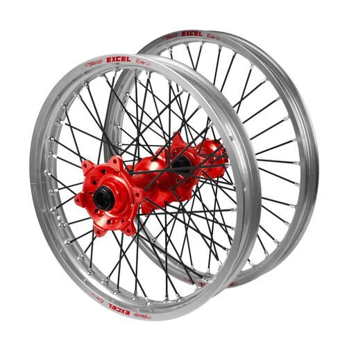 Gas Gas EX 250 F 2021-2023 (21*1.60 / 18*2.15 OE) Haan Red Hubs / Excel Silver Rims / Black Spokes Wheel Set