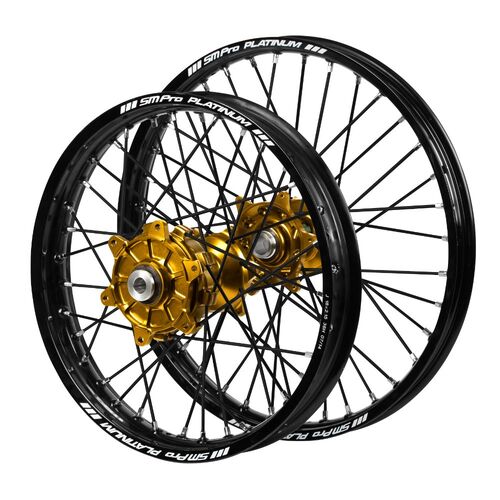 Honda Haan Cush Drive Gold Hubs / SM Pro Platinum Black Rims / Black Spokes Wheel Set