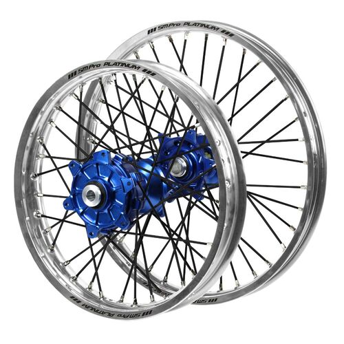 Honda Haan Cush Drive Blue Hubs / SM Pro Platinum Silver Rims / Black Spokes Wheel Set