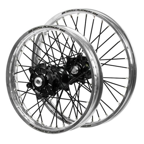 Honda Haan Cush Drive Black Hubs / SM Pro Platinum Silver Rims / Black Spokes Wheel Set