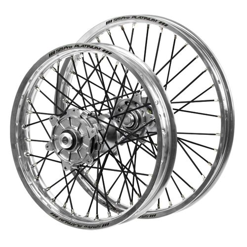 Honda Haan Cush Drive Silver Hubs / SM Pro Platinum Silver Rims / Black Spokes Wheel Set