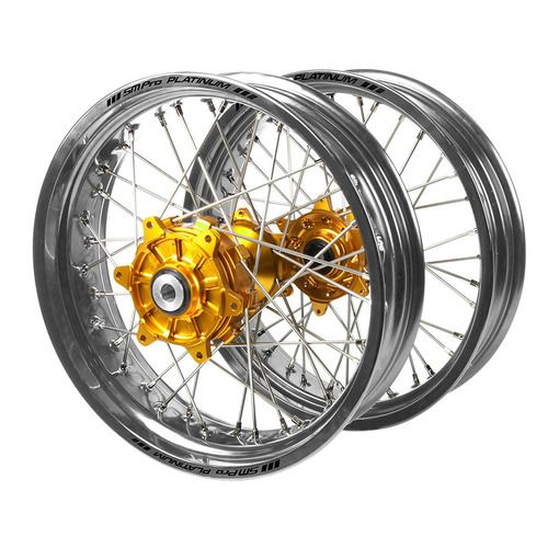Honda Haan Cush Drive Gold Hubs / SM Pro Platinum Silver Rims Supermotard Wheel Set CRF 250 R 2014-2024 (17*3.5 / 17*4.25)